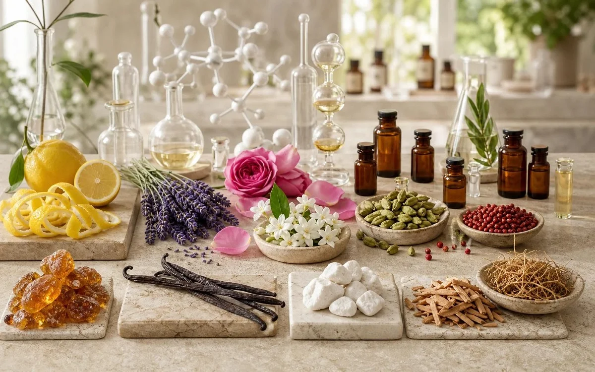 مواد اولیه عطرسازی شامل مرکبات، گیاهان معطر و اسانسهای طبیعی